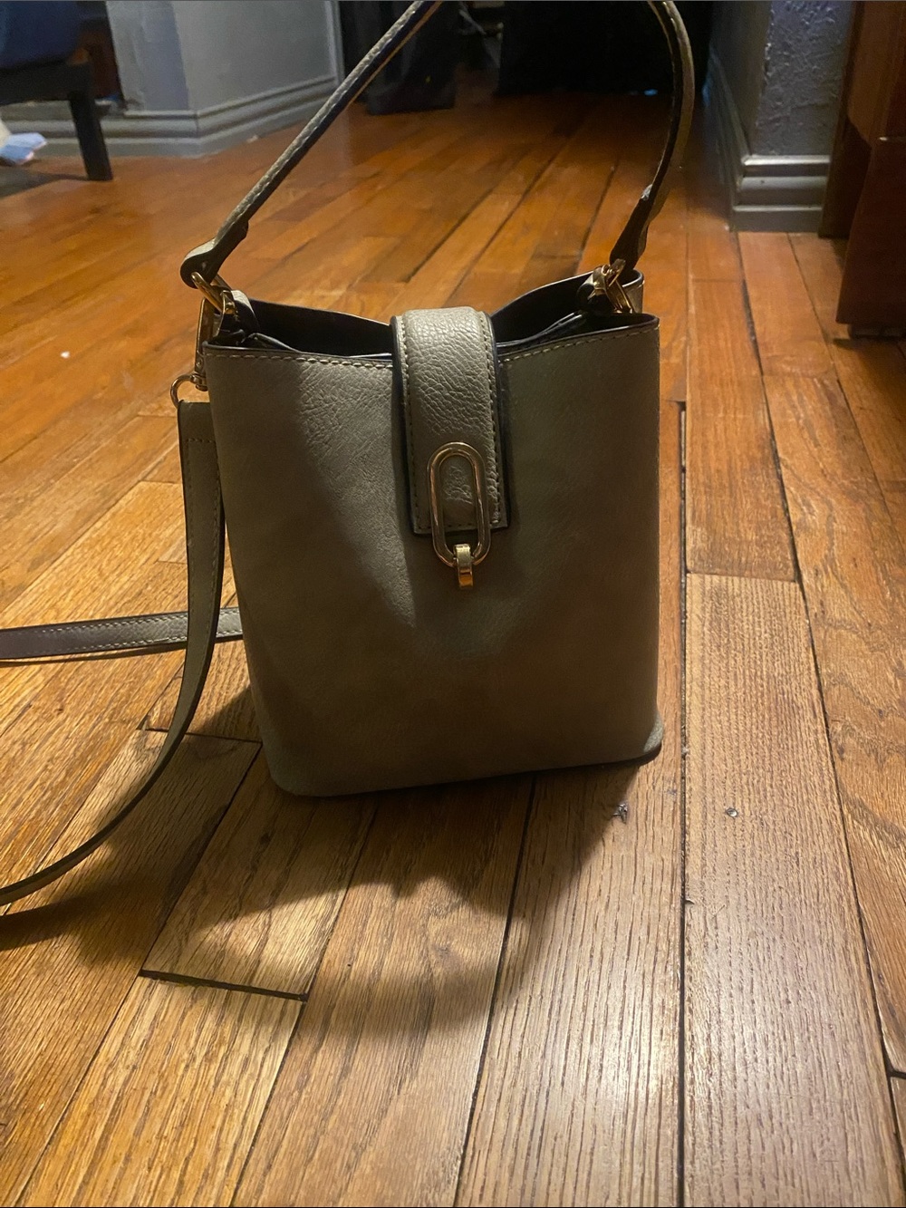 Stylish Taupe Bucket Shoulder Bag with Gold Hardware